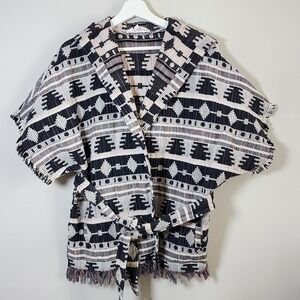 BB DAKOTA Aztec Jacket Womens Medium Wrap Black White Woven Festival Hippie Hood